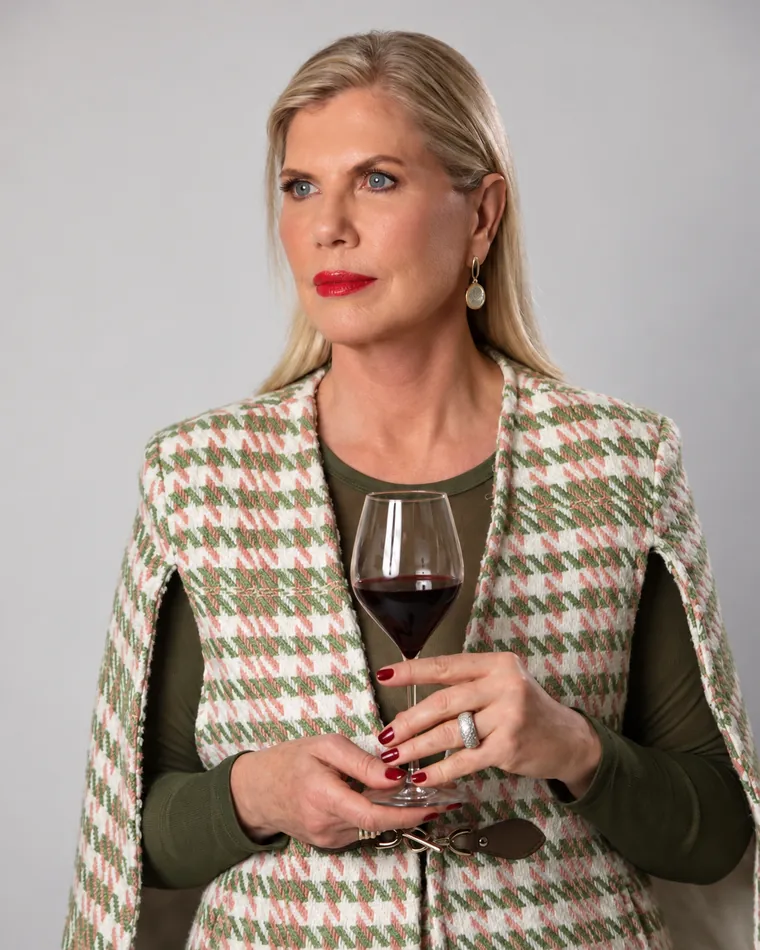 Regina Vanderlinde segurando uma taça de vinho tinto, olhando adiante